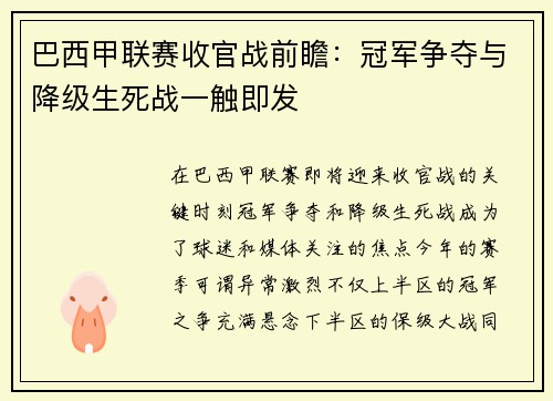 巴西甲联赛收官战前瞻：冠军争夺与降级生死战一触即发